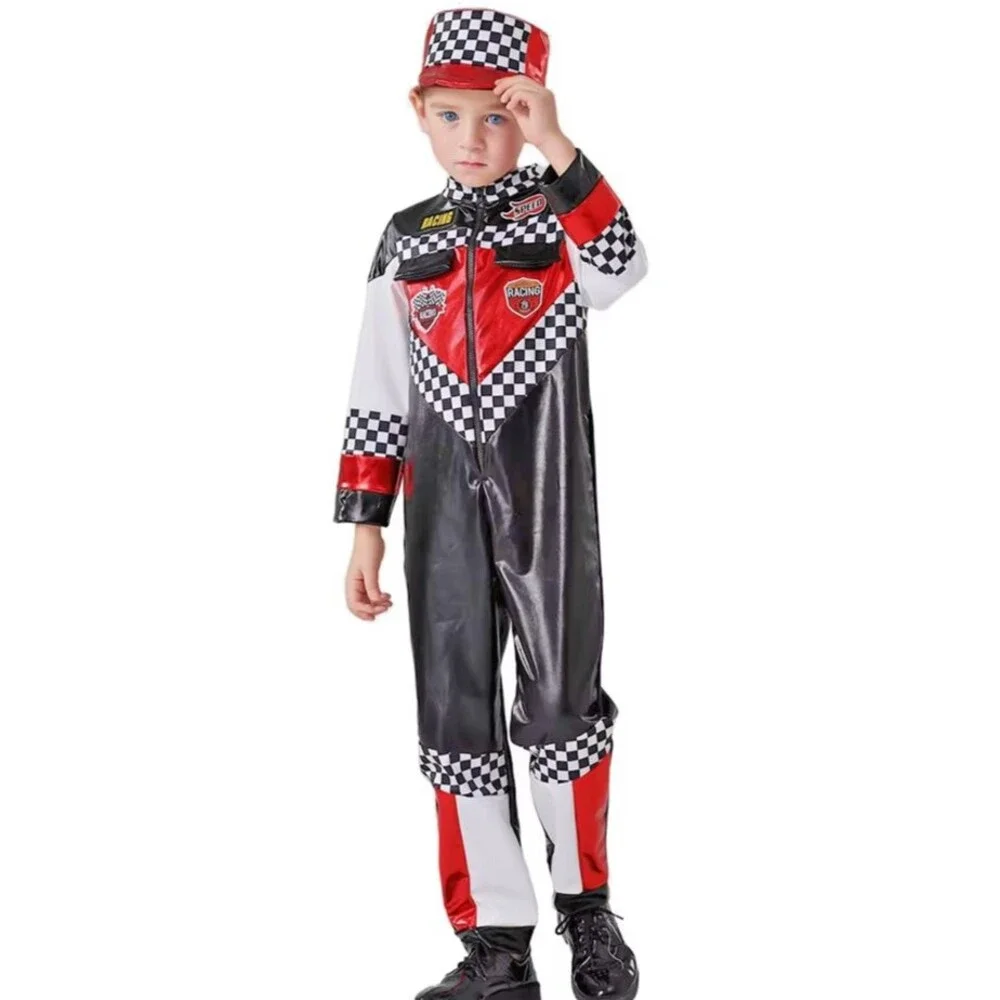 Race Car Driver Costume – Boys Size 140/L (US Age 9–10), Jumpsuit + Cap -Driver